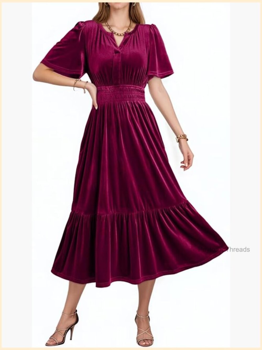 Velvet V-Neck Short Flared Sleeve Wedding Guest Dress with Pockets - Picture 1 of 6